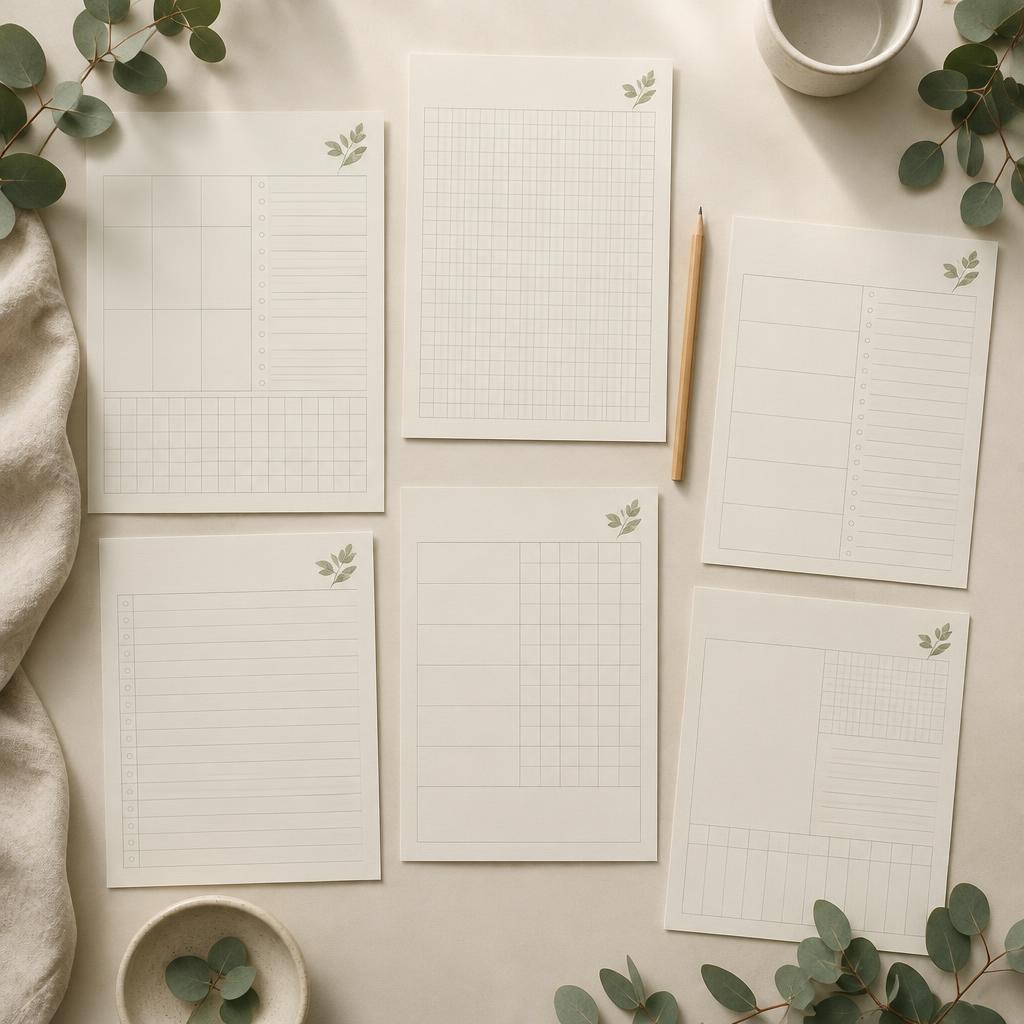 Cream planning worksheets arranged with eucalyptus and a pencil