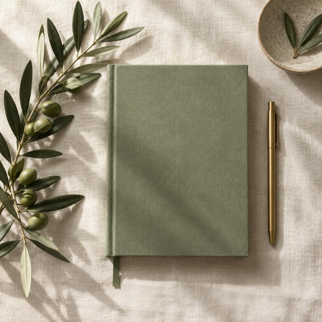 Sage linen planner with an olive branch and brass pen