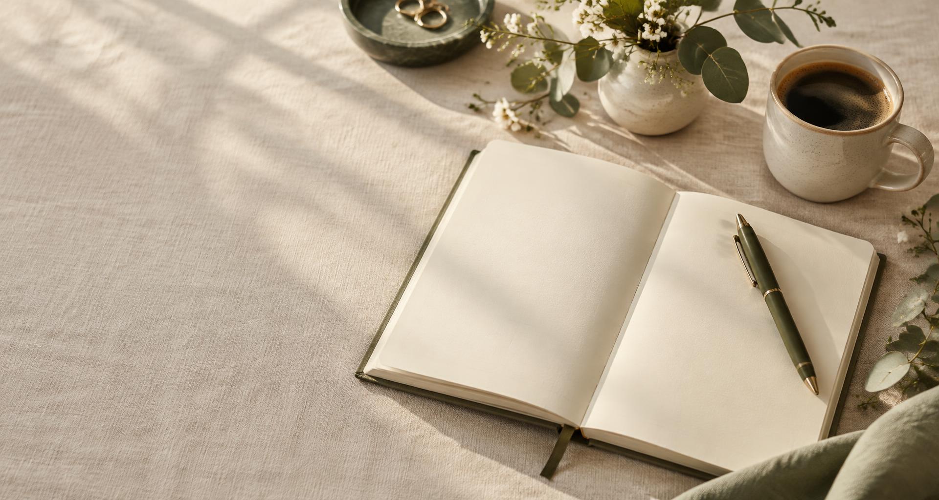 Open planner, olive green pen and a ceramic coffee cup in soft afternoon light